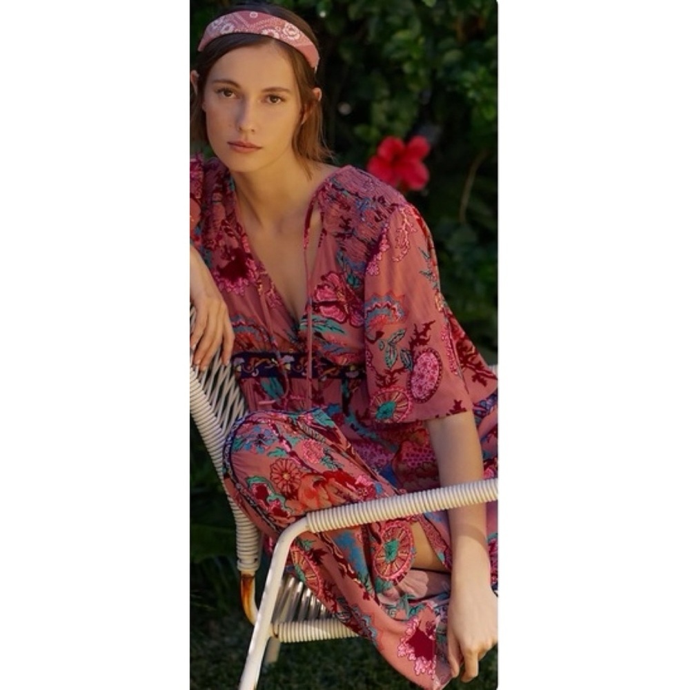 NWT by Anthropologie Floral V-Neck Ruffled Embroidered Boho Maxi Dress SP - Picture 9 of 13